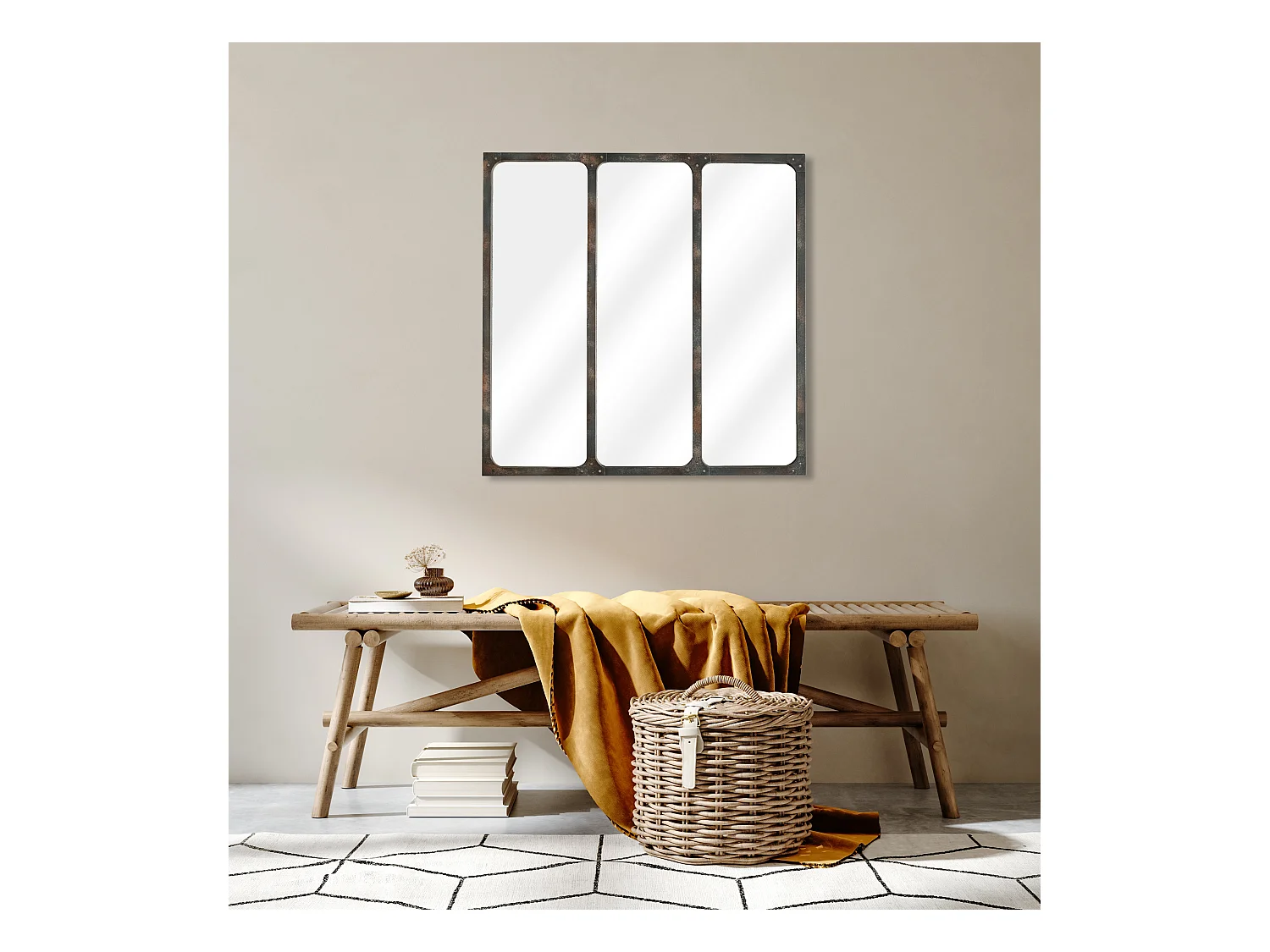 Miroir carré 3 bandes métal rouillé 70x70cm