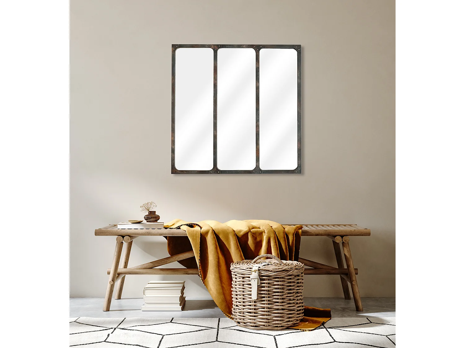 Miroir carré 3 bandes métal rouillé 70x70cm