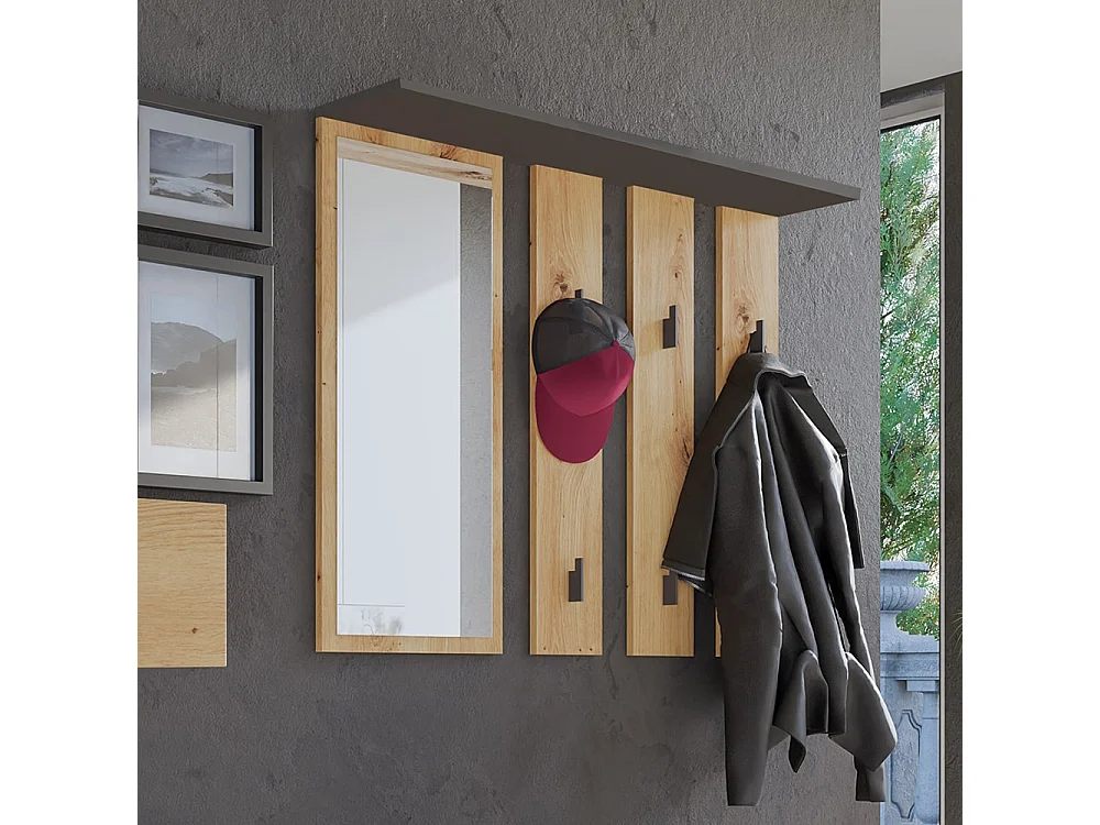 Appendiabiti a parete con specchio 100x81,5 cm rovere e antracite MIT9