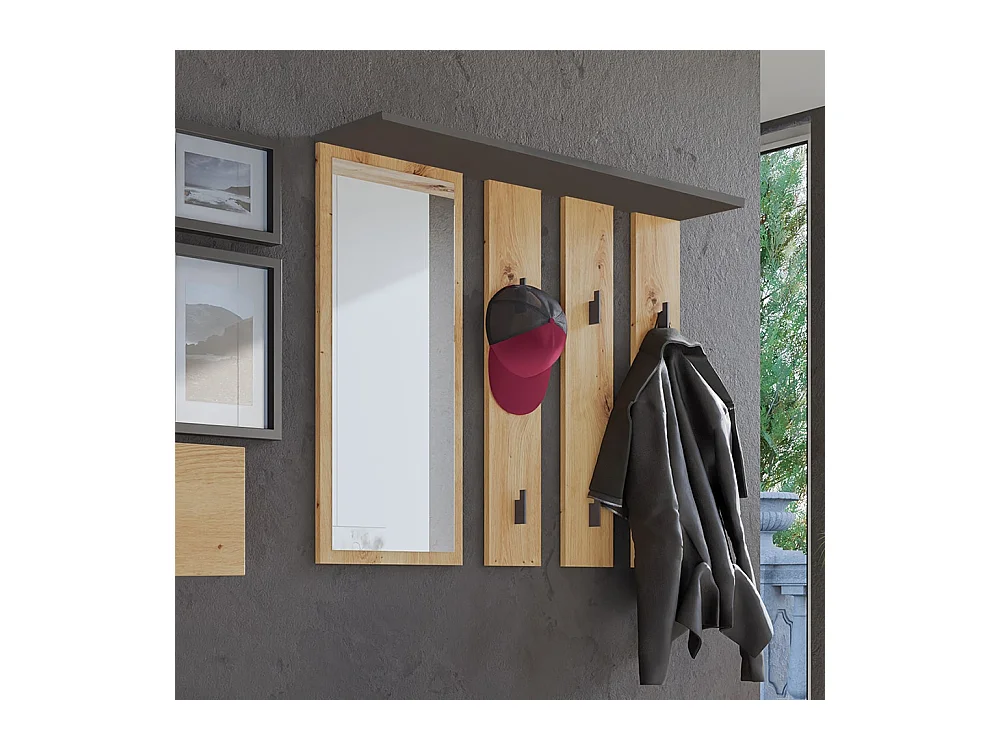 Appendiabiti a parete con specchio 100x81,5 cm rovere e antracite MIT9