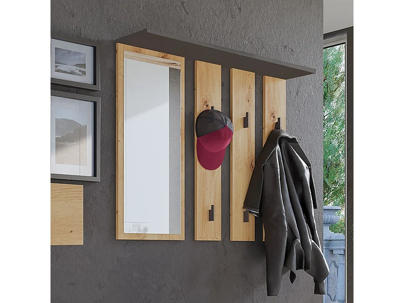 Appendiabiti a parete con specchio 100x81,5 cm rovere e antracite MIT9