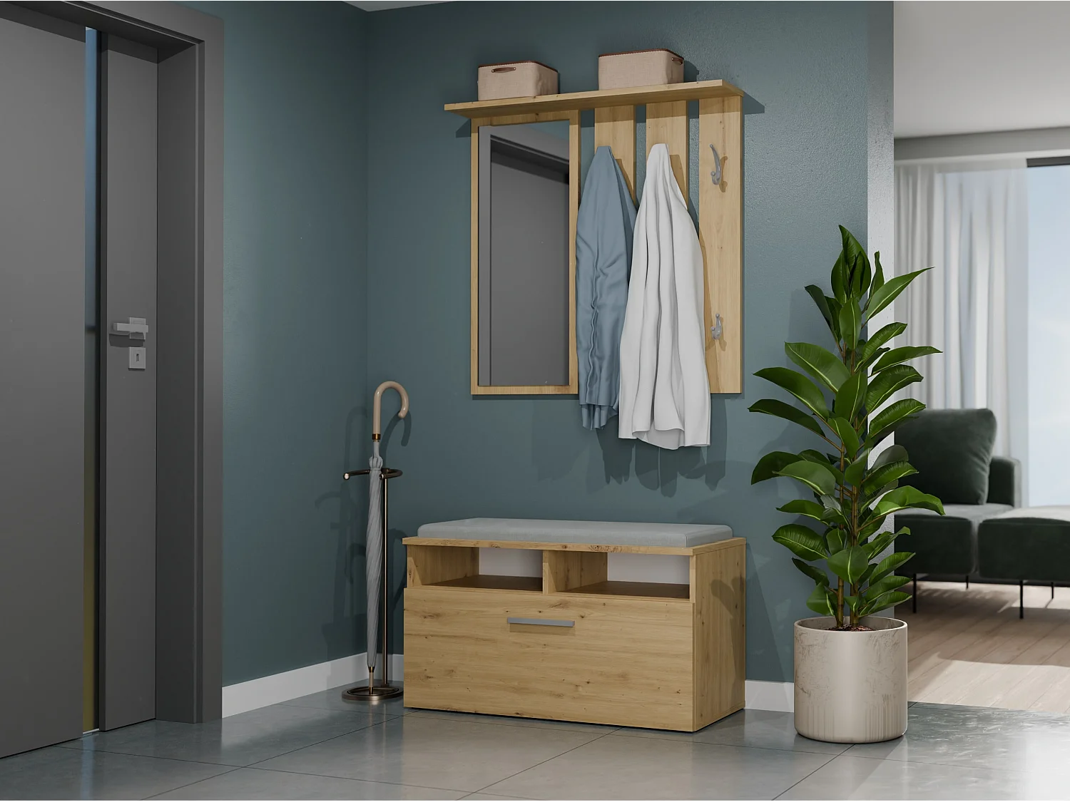 Appendiabiti a parete con specchio 85x82x15 cm rovere MIT7