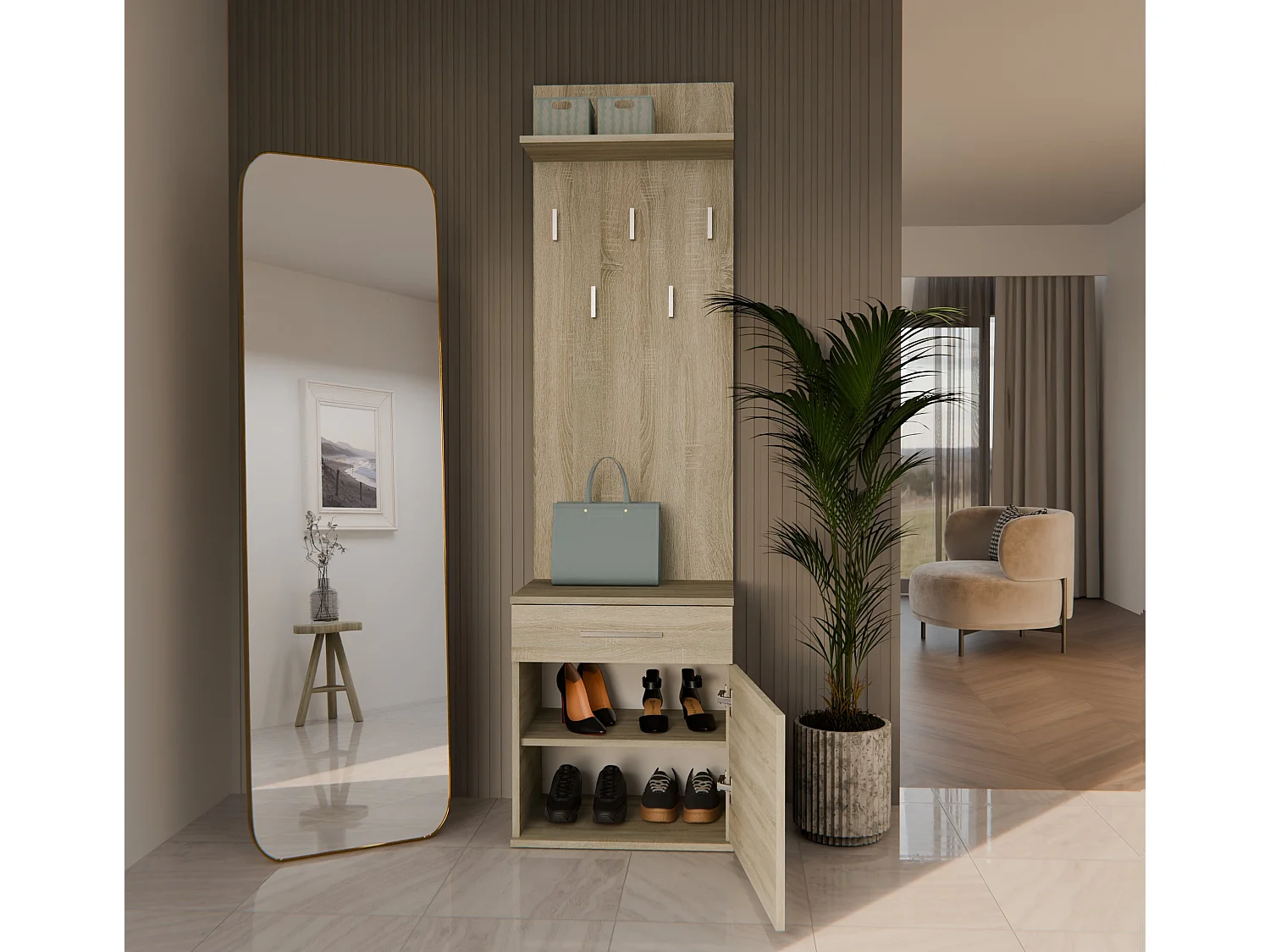 Appendiabiti con scarpiera moderno rovere chiaro MIT8