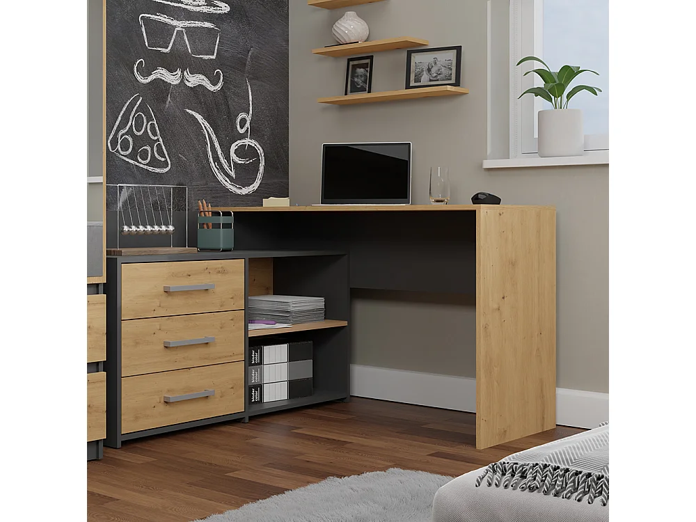 Scrivania angolare moderna con 3 cassetti rovere e antracite SCT7