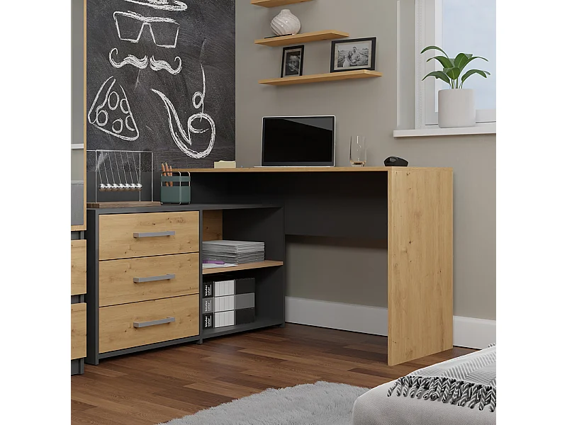 Scrivania angolare moderna con 3 cassetti rovere e antracite SCT7