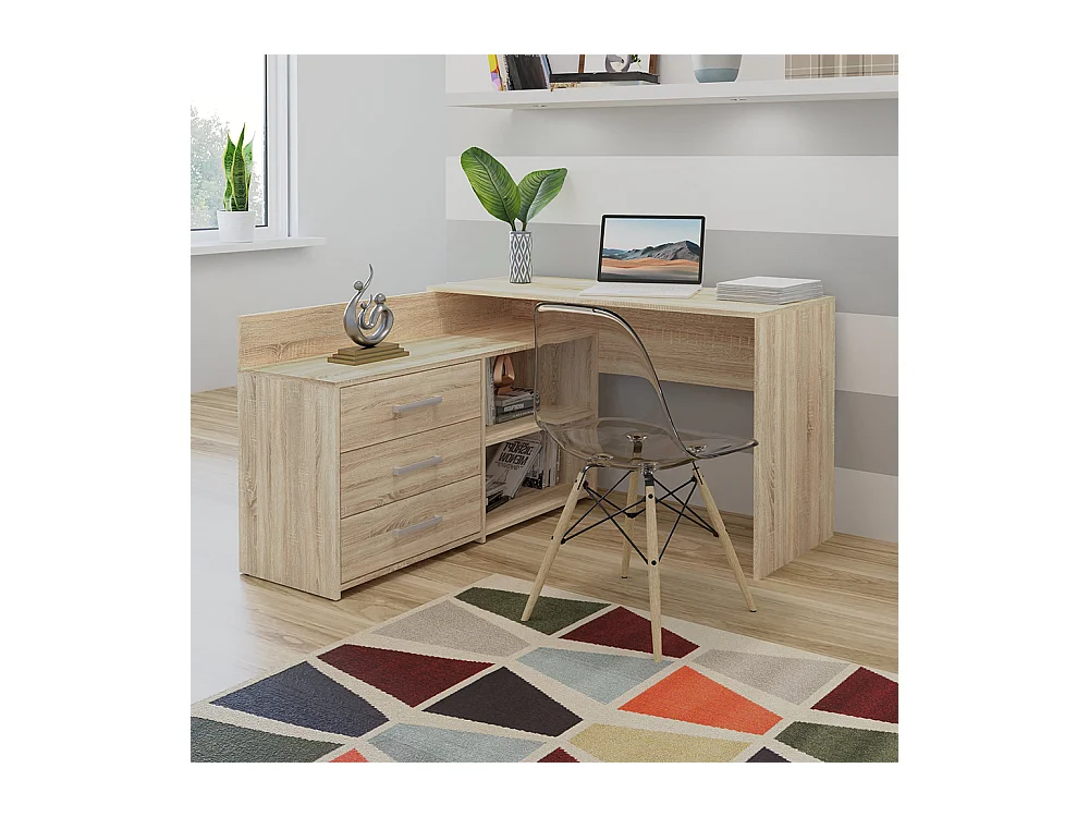 Scrivania angolare moderna con 3 cassetti rovere chiaro SCT7