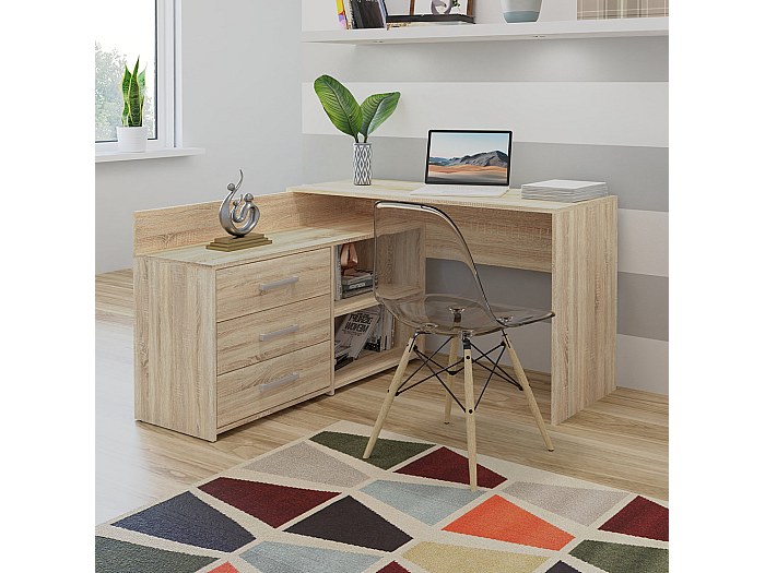 BDW Scrivania angolare destra, 3 cassetti e 2 ripiani, ampio spazio per l' apertura, per camerette, uffici e studi, scrivania angolare, scrivania per ufficio 124x77x85 cm, rovere Sonoma/Venga