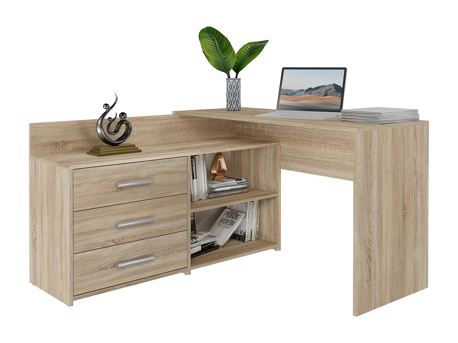 Scrivania angolare moderna con 3 cassetti rovere chiaro SCT7