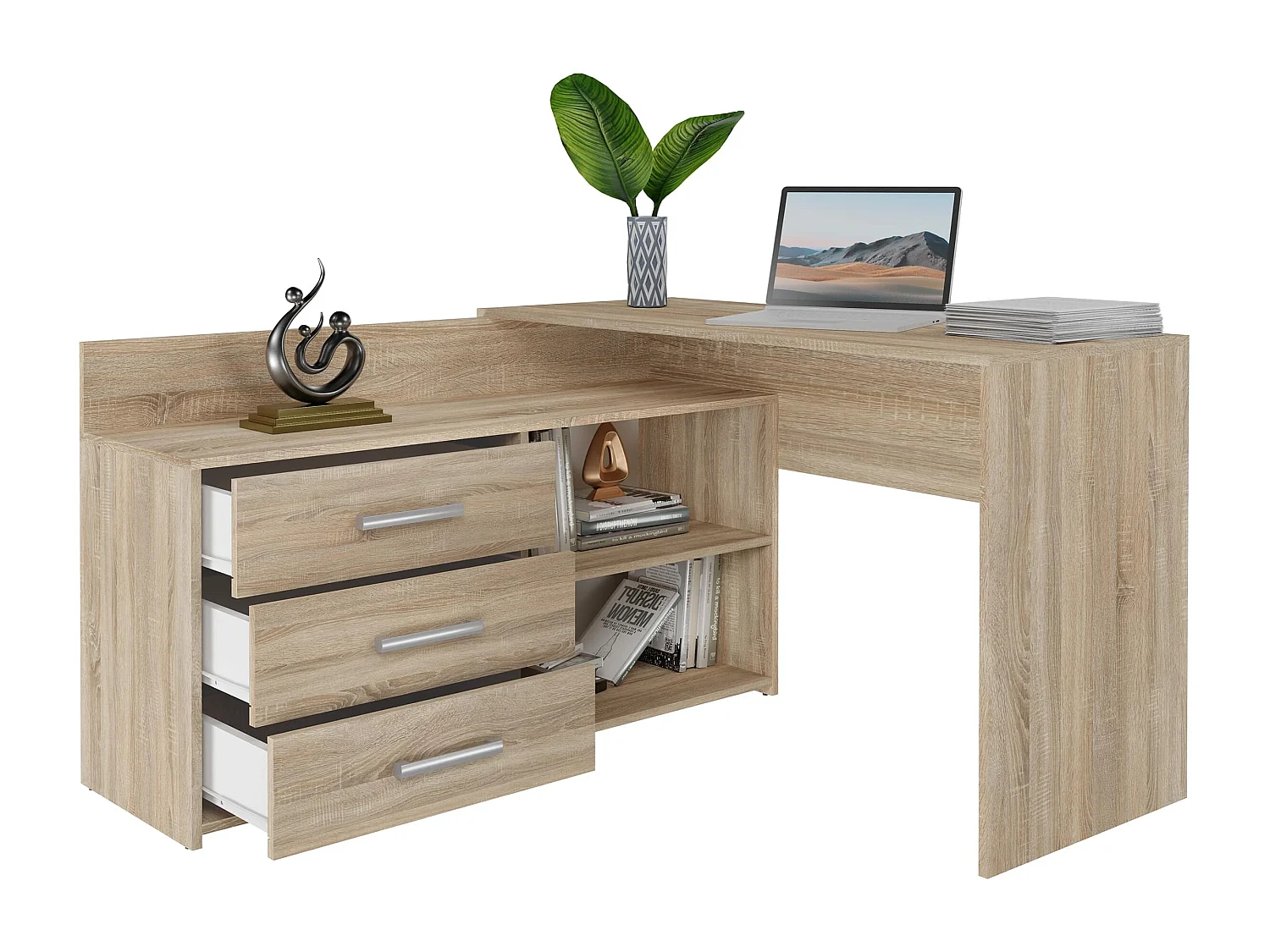 Scrivania angolare moderna con 3 cassetti rovere chiaro SCT7