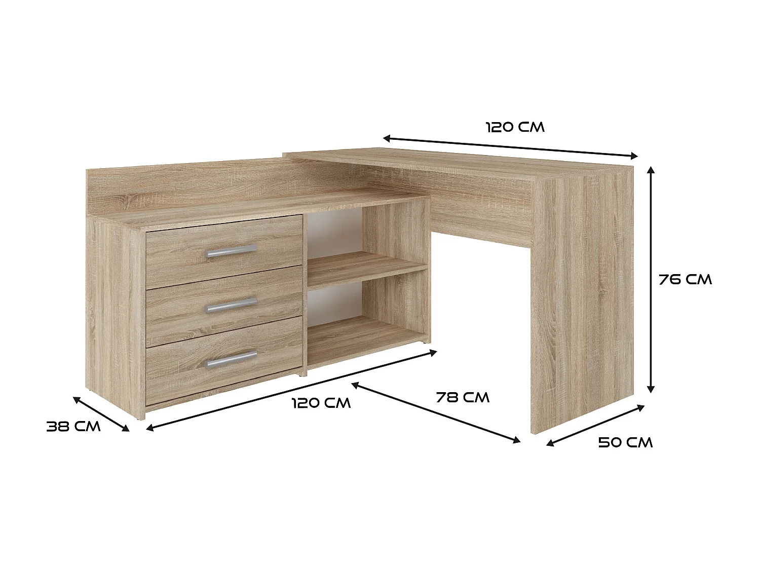Scrivania angolare moderna con 3 cassetti rovere chiaro SCT7