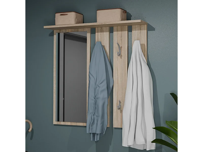 Appendiabiti a parete con specchio 85x82x15 cm rovere chiaro MIT7