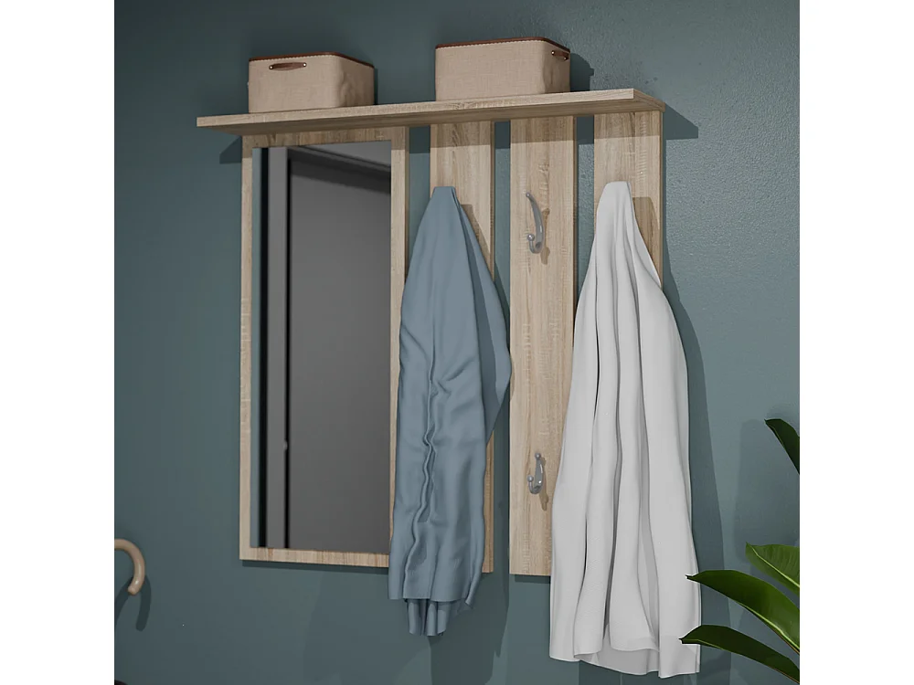 Appendiabiti a parete con specchio 85x82x15 cm rovere chiaro MIT7