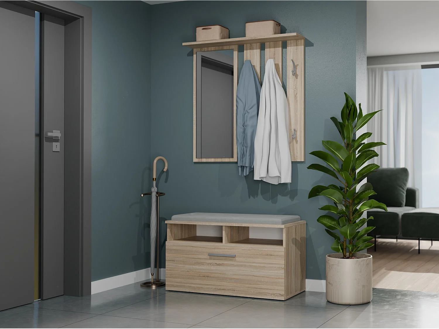 Appendiabiti a parete con specchio 85x82x15 cm rovere chiaro MIT7