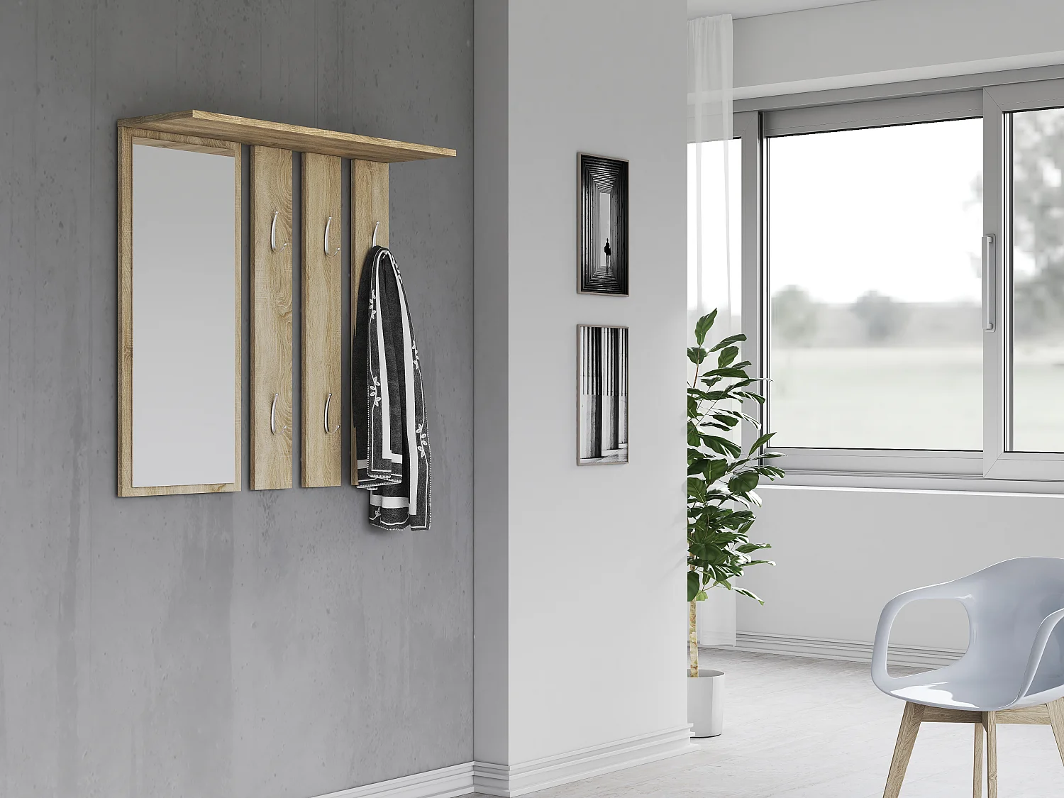 Appendiabiti a parete con specchio 85x82x15 cm rovere chiaro MIT7