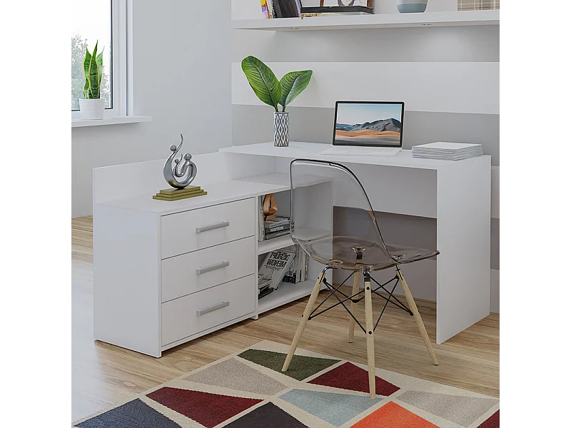 Scrivania angolare moderna con 3 cassetti bianca SCT7