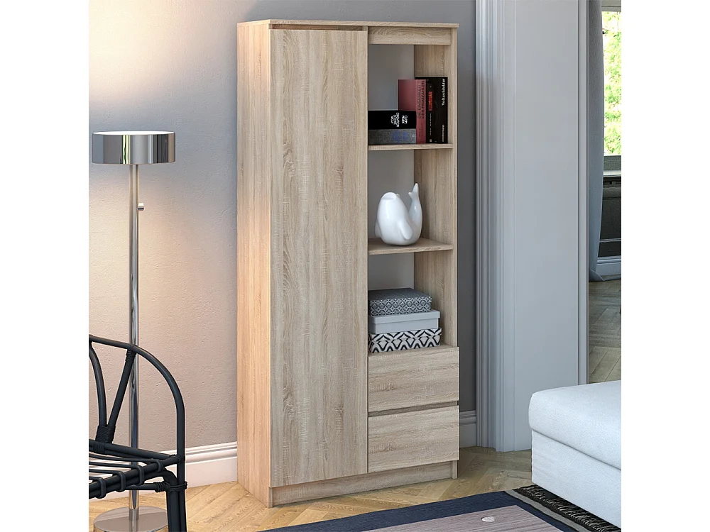 Libreria moderna 80x180x35 cm con anta e cassetti rovere chiaro LBT7