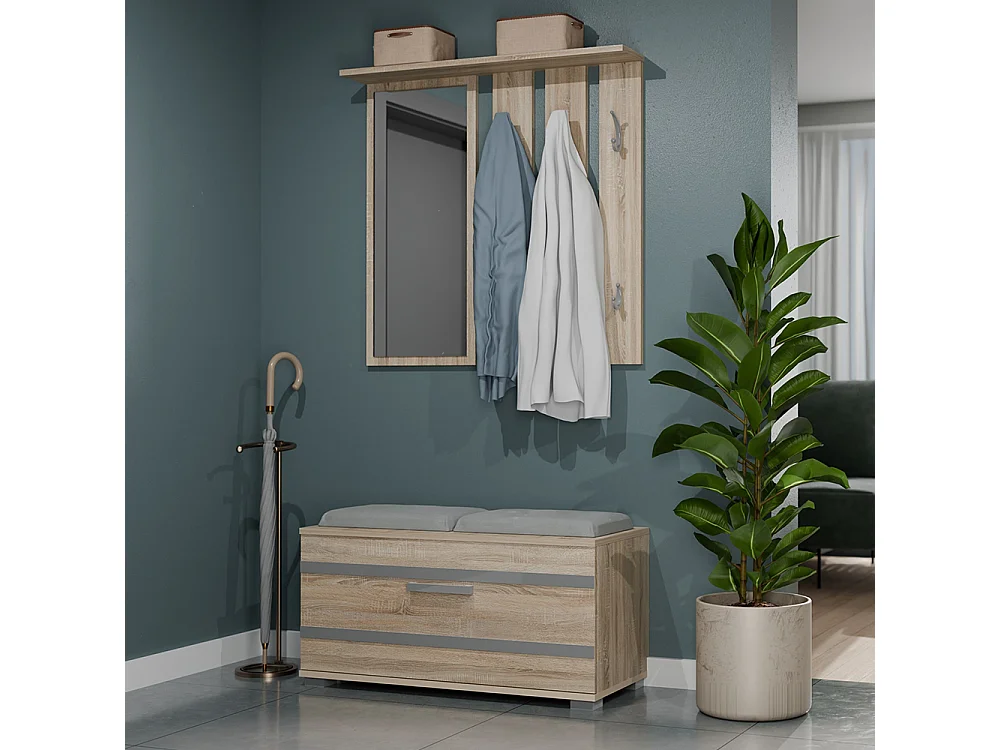 Mobile ingresso appendiabiti e scarpiera rovere chiaro e grigio MIT2