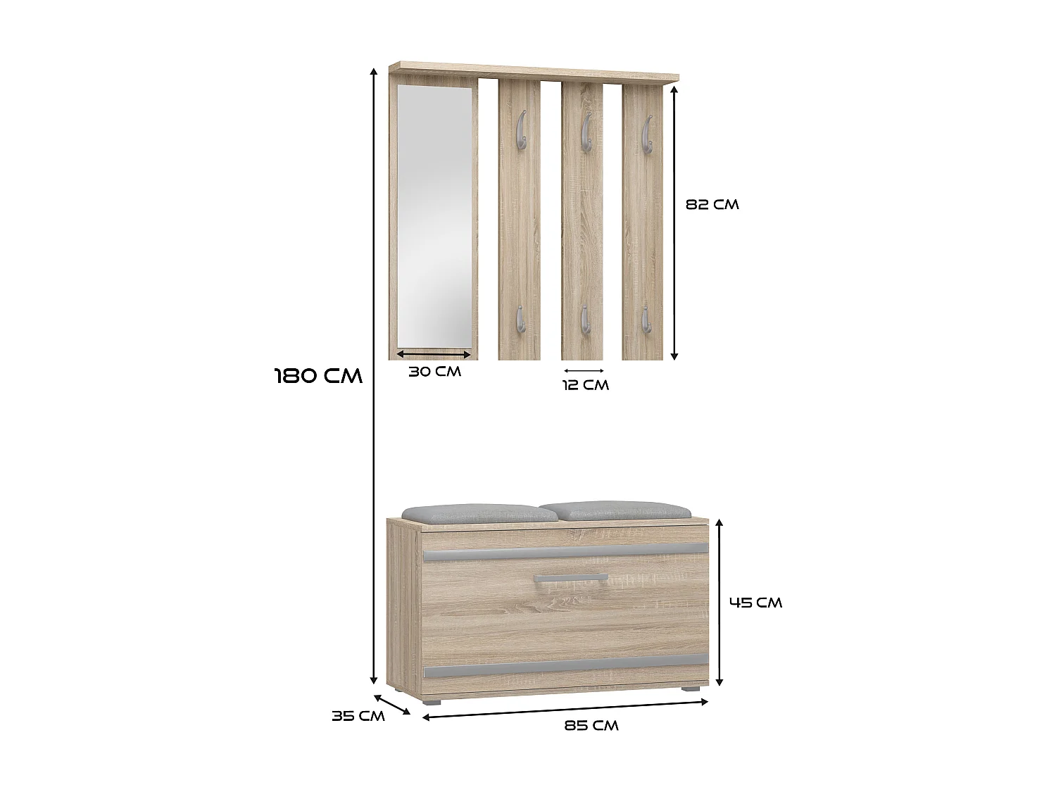 Mobile ingresso appendiabiti e scarpiera rovere chiaro e grigio MIT2