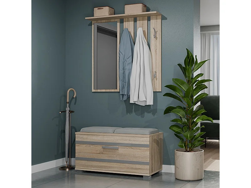 Mobile ingresso appendiabiti e scarpiera rovere chiaro e grigio MIT2
