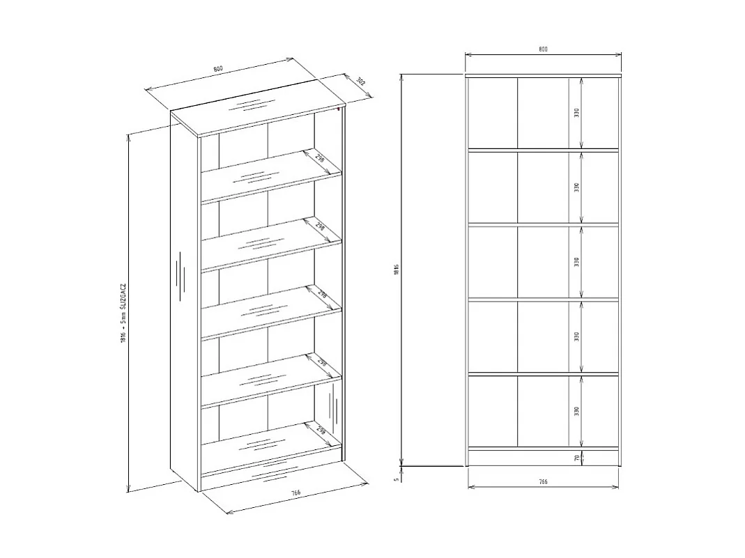 Libreria moderna 80x182x30 cm con 4 ripiani rovere naturale LBT3