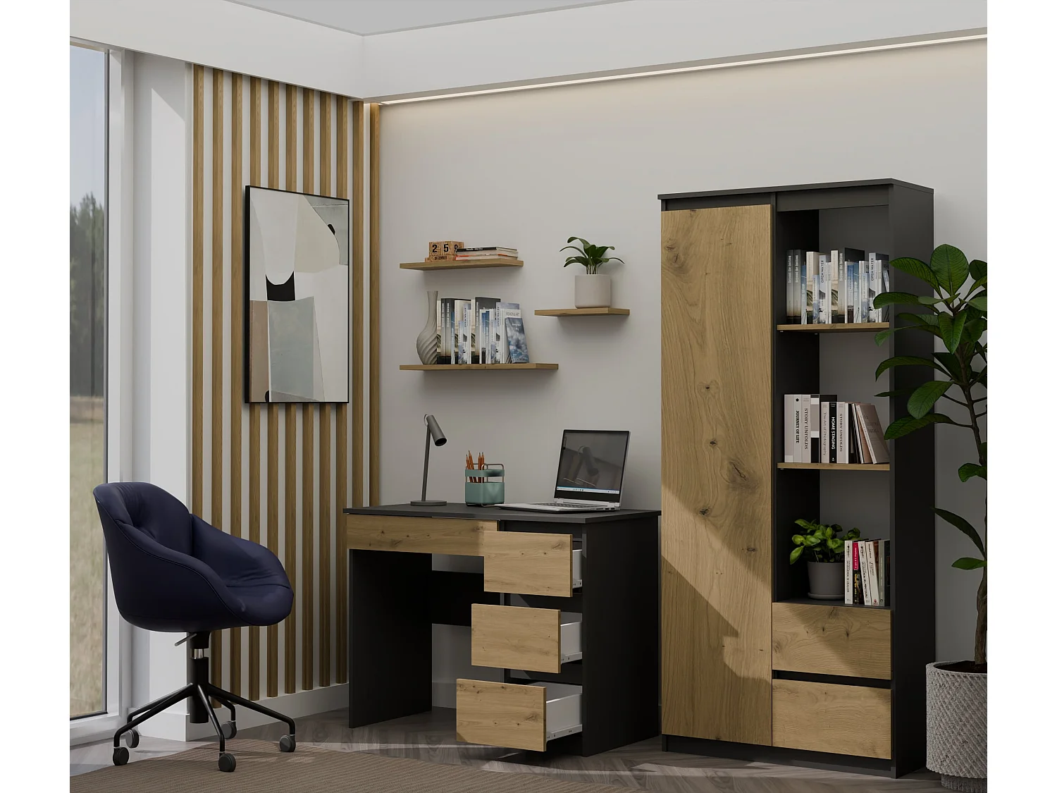 Scrivania moderna con cassetti a destra 98x76x51 cm rovere e antracite SCT4