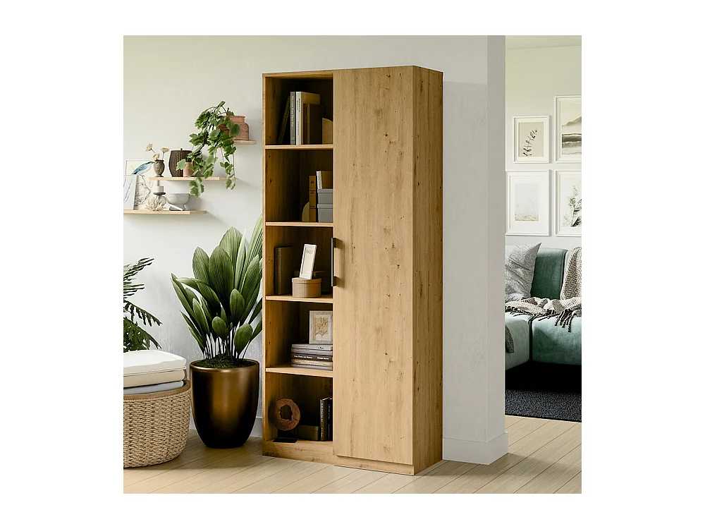 Libreria moderna 80x182x30 cm con vani a giorno e anta rovere naturale LBT8