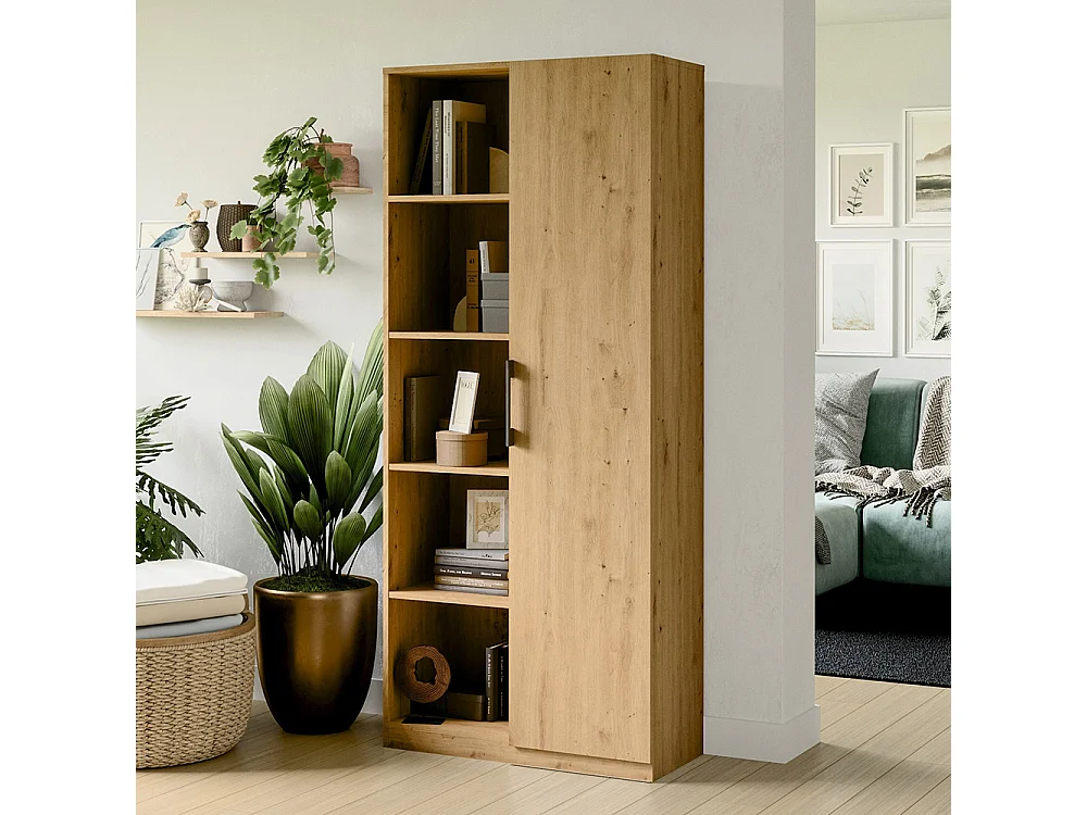 Libreria moderna 80x182x30 cm con vani a giorno e anta rovere naturale LBT8