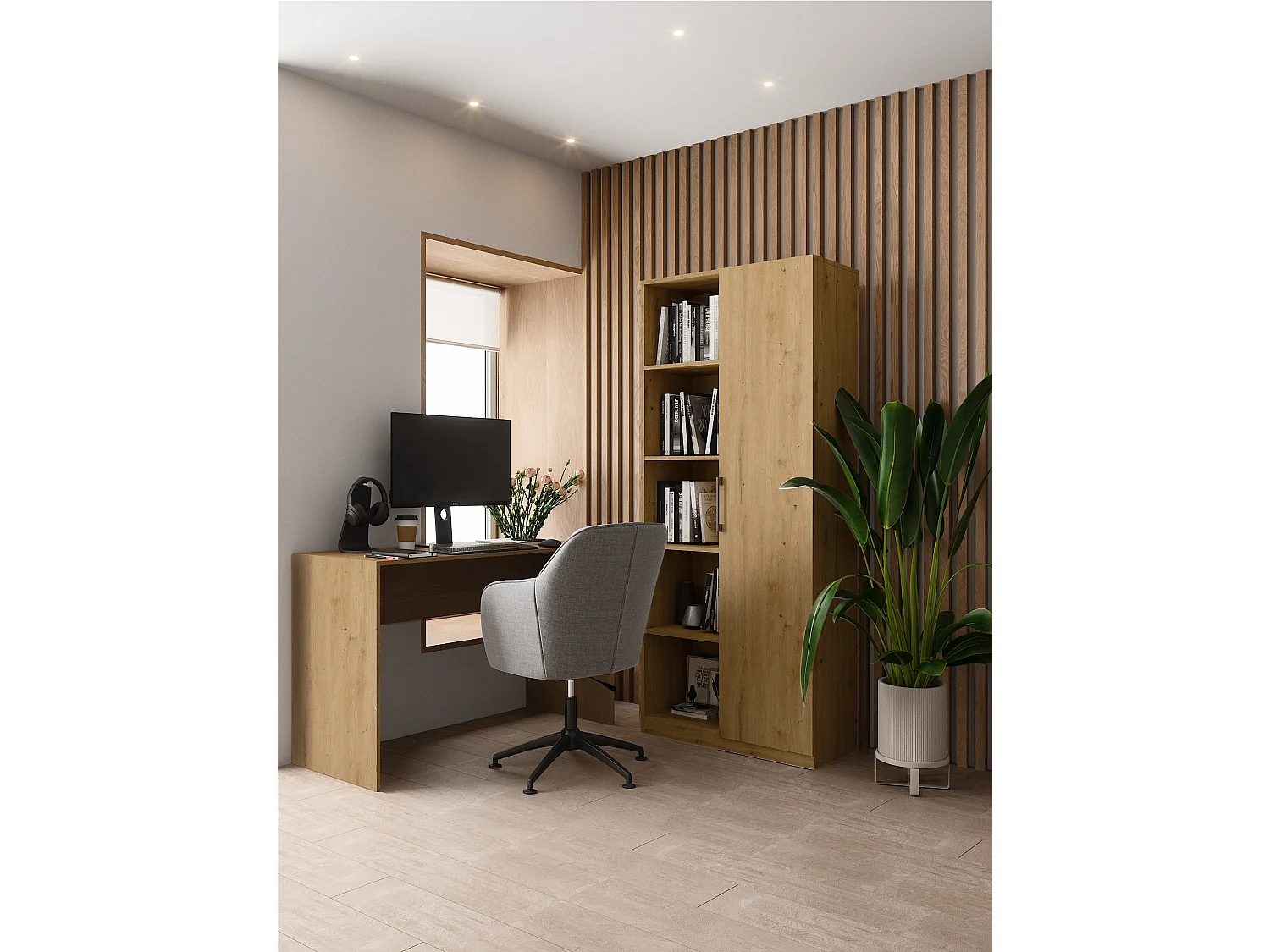 Libreria moderna 80x182x30 cm con vani a giorno e anta rovere naturale LBT8