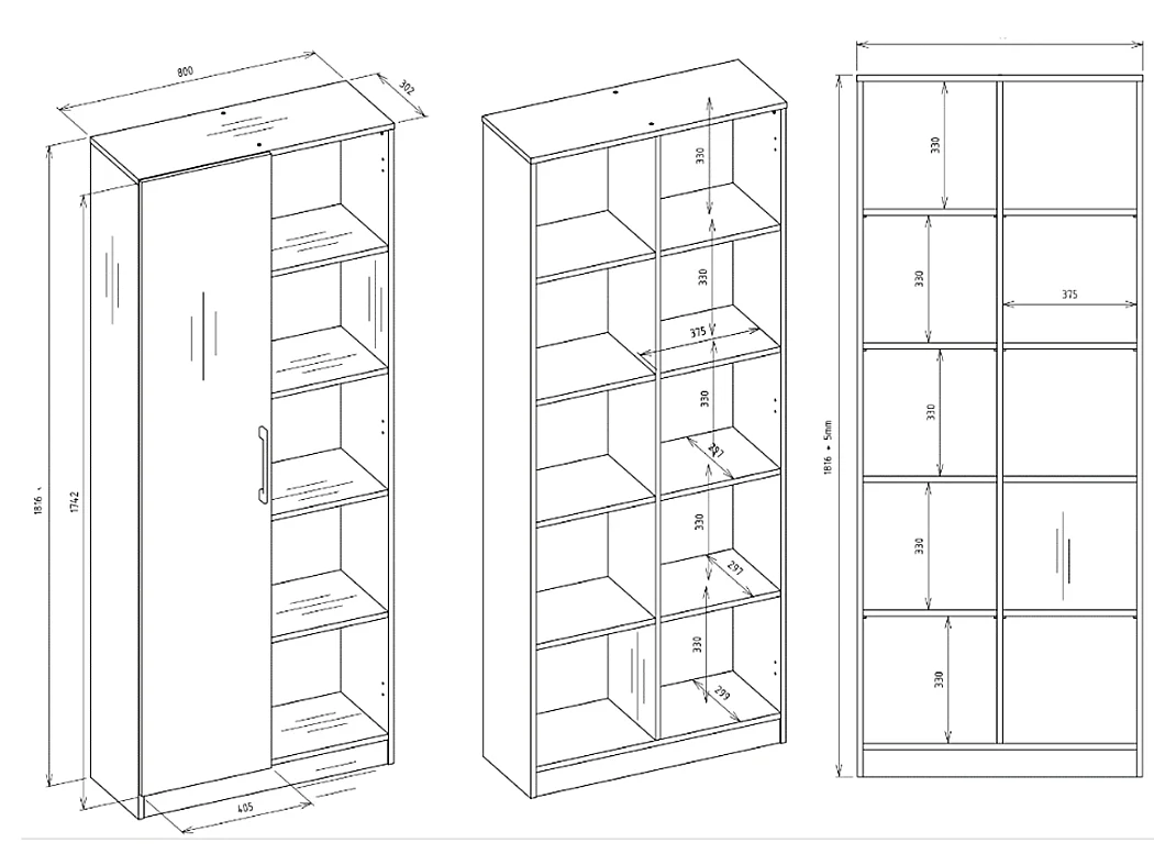 Libreria moderna 80x182x30 cm con vani a giorno e anta rovere naturale LBT8