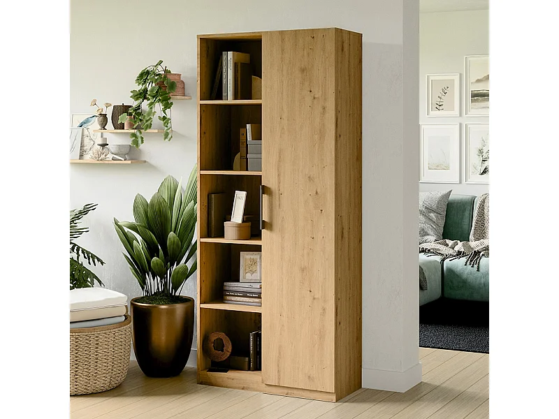 Libreria moderna 80x182x30 cm con vani a giorno e anta rovere naturale LBT8