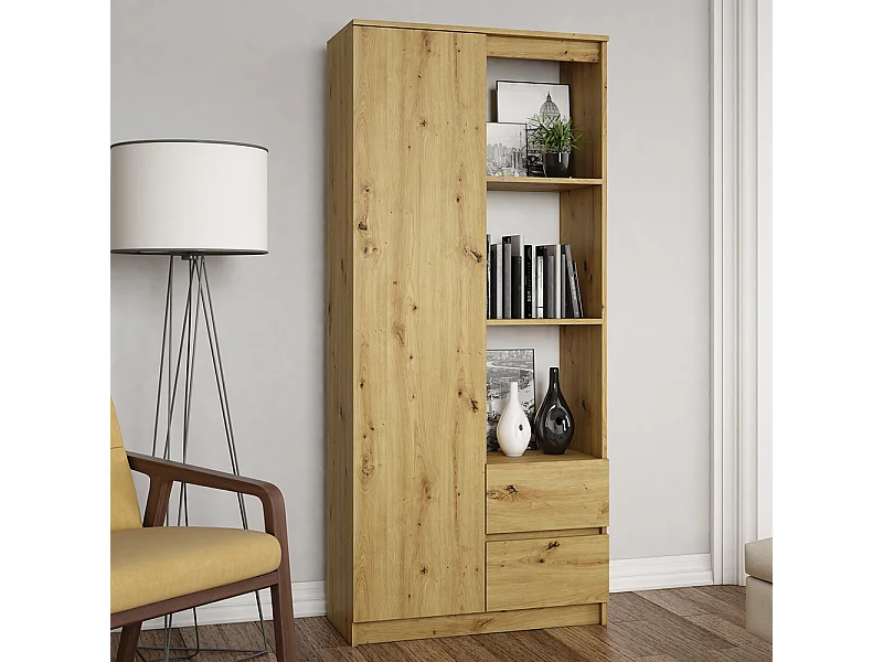 Libreria moderna 80x180x35 cm con anta e cassetti rovere naturale LBT7