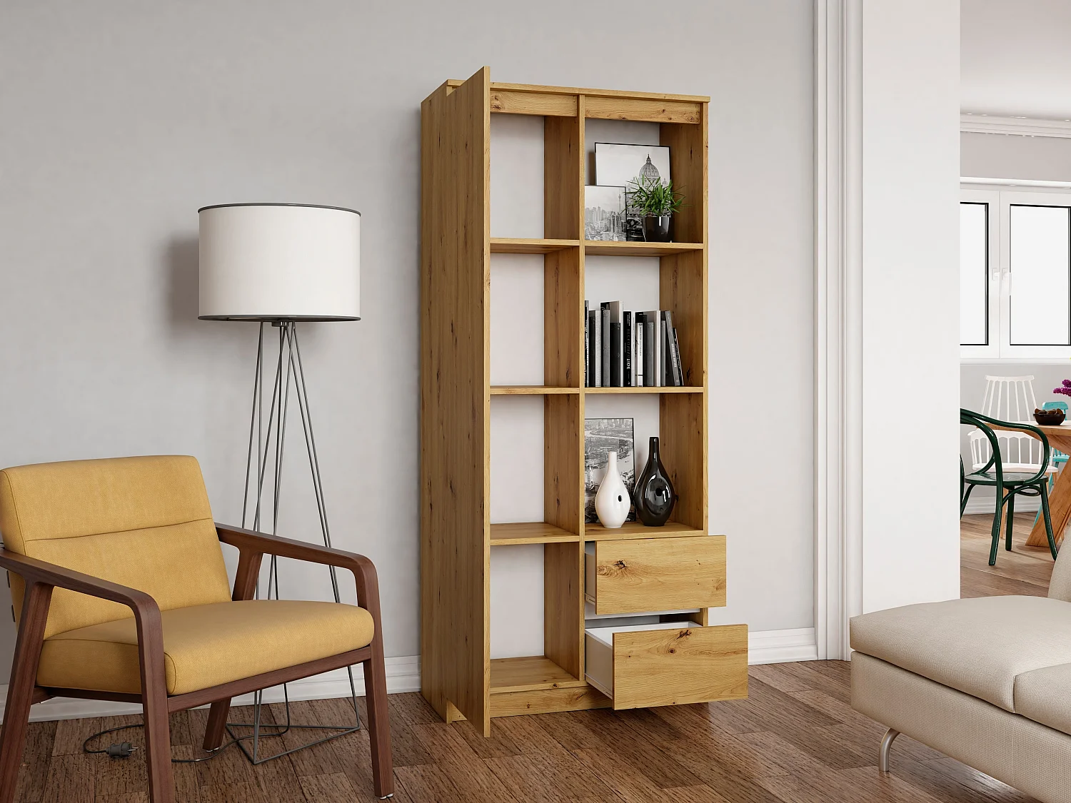 Libreria moderna 80x180x35 cm con anta e cassetti rovere naturale LBT7
