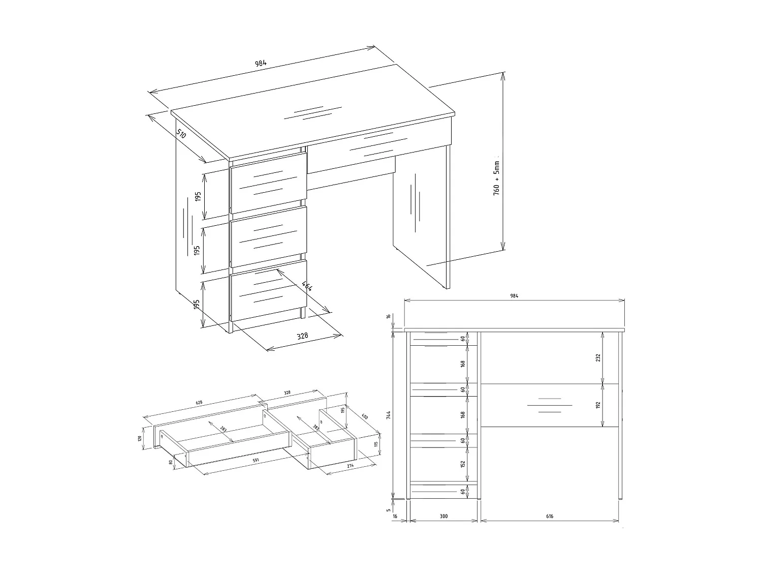 Scrivania moderna con cassetti a destra 98x76x51 cm bianco/blu SCT4