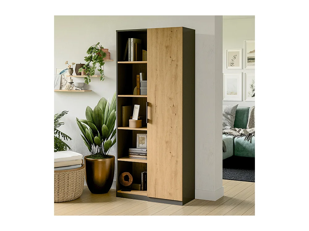 Libreria moderna 80x182x30 cm con vani a giorno e anta rovere e antracite LBT8