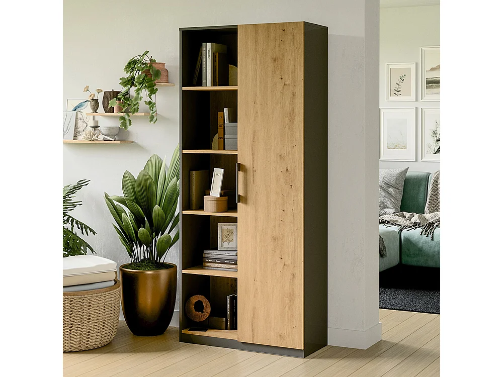 Libreria moderna 80x182x30 cm con vani a giorno e anta rovere e antracite LBT8