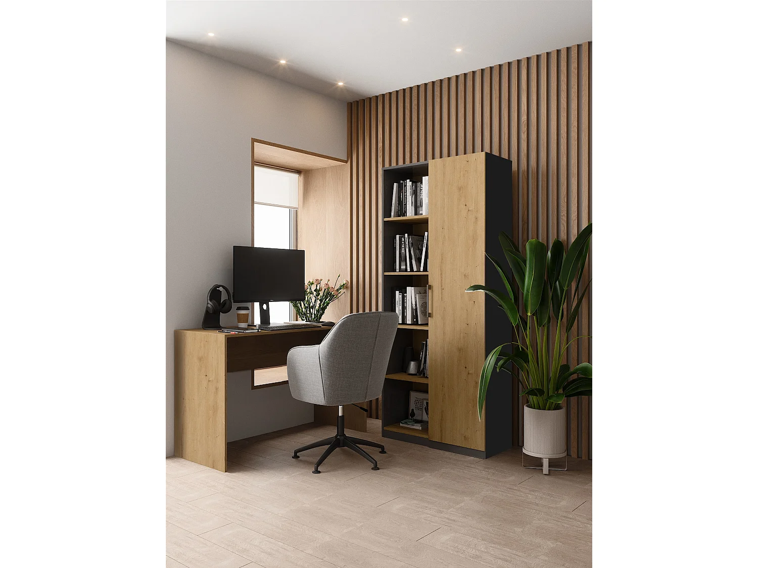 Libreria moderna 80x182x30 cm con vani a giorno e anta rovere e antracite LBT8