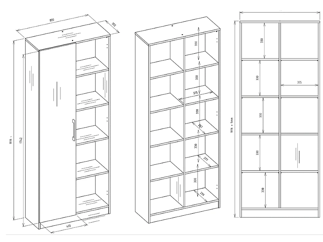 Libreria moderna 80x182x30 cm con vani a giorno e anta rovere e antracite LBT8