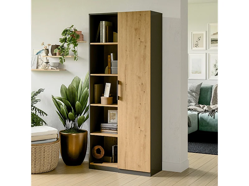 Libreria moderna 80x182x30 cm con vani a giorno e anta rovere e antracite LBT8