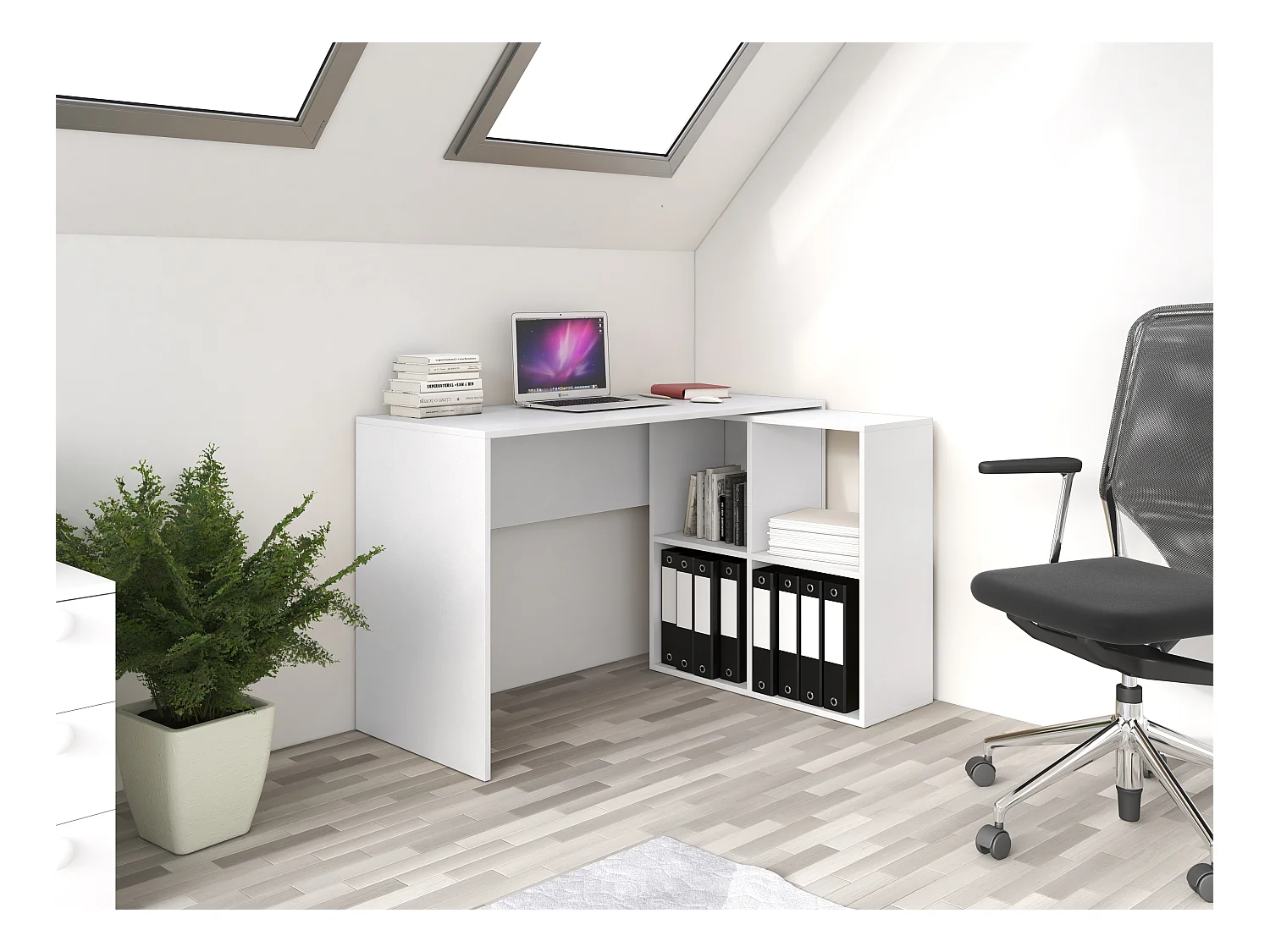 Scrivania angolare con libreria bassa bianca SCT5