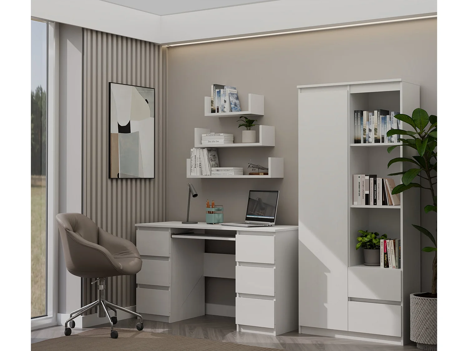 Libreria moderna 80x180x35 cm con anta e cassetti bianco LBT7