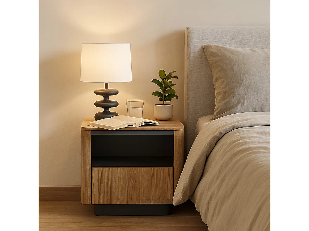 Comodino moderno 63x50 cm con vano a giorno e cassetto CMLK13