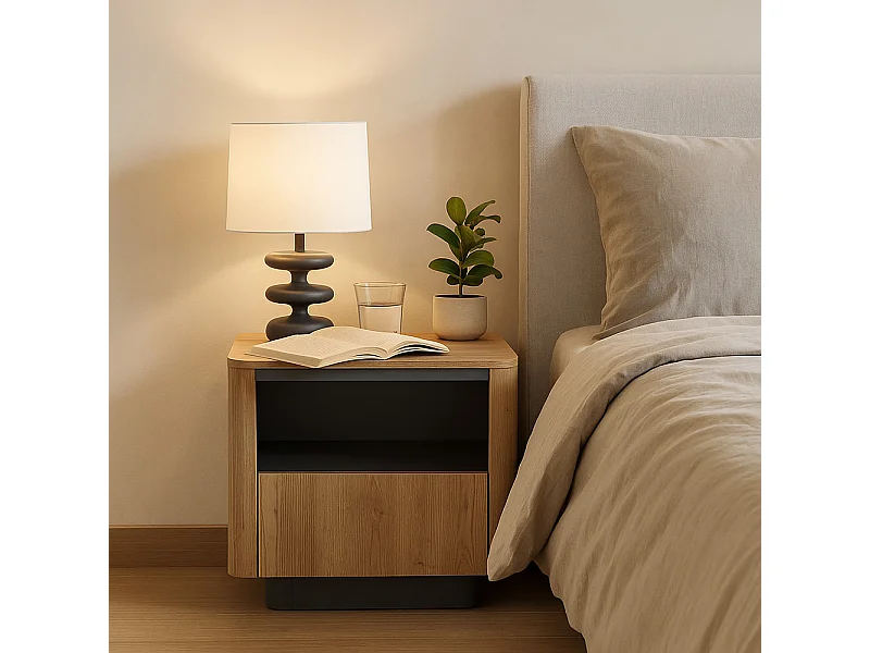 Comodino moderno 63x50 cm con vano a giorno e cassetto CMLK13