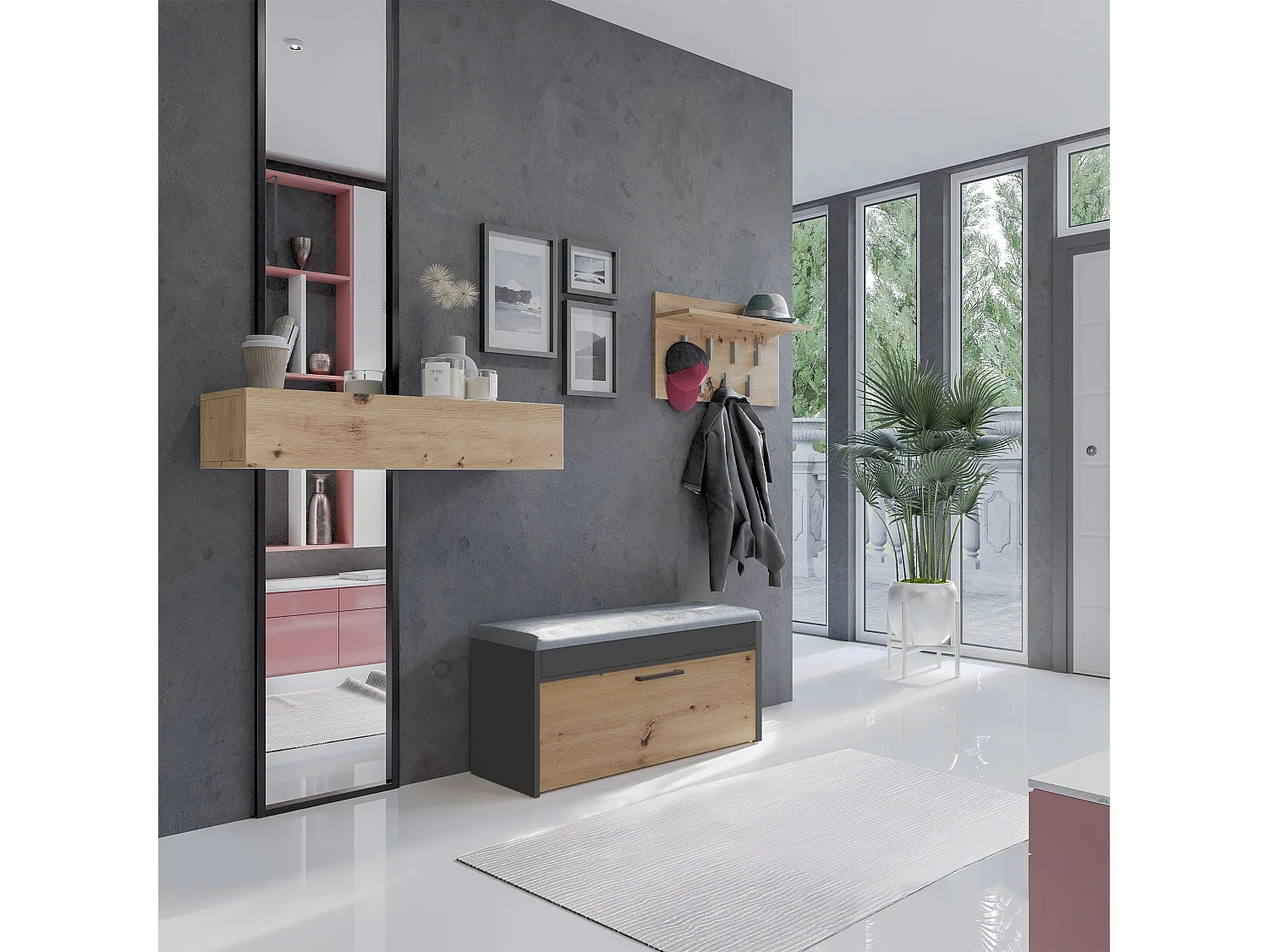 Scarpiera con panca 100x49x35 cm rovere e antracite SCAT6