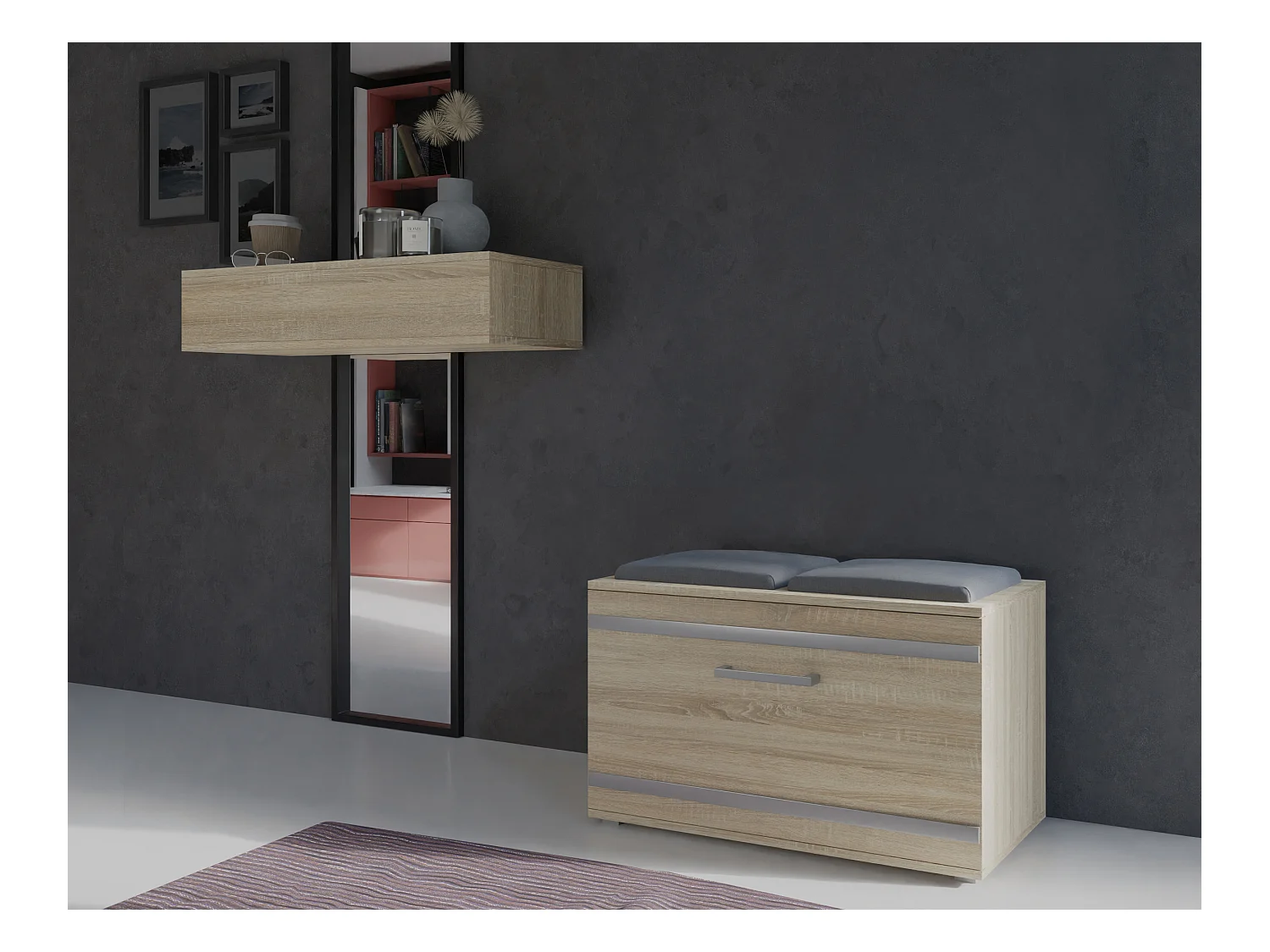 Scarpiera salvaspazio 85x45x35 con seduta rovere chiaro SCAT5