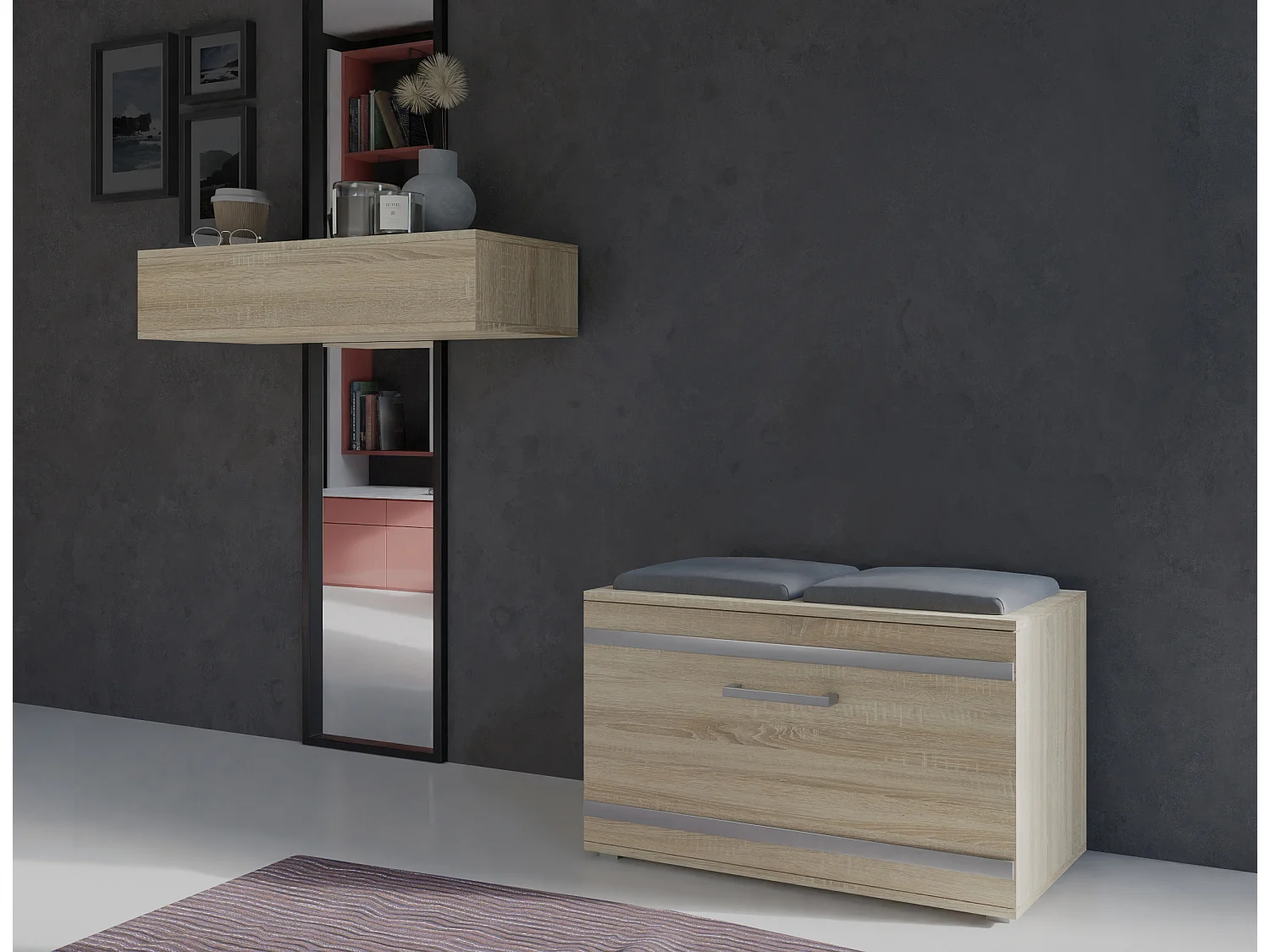 Scarpiera salvaspazio 85x45x35 con seduta rovere chiaro SCAT5