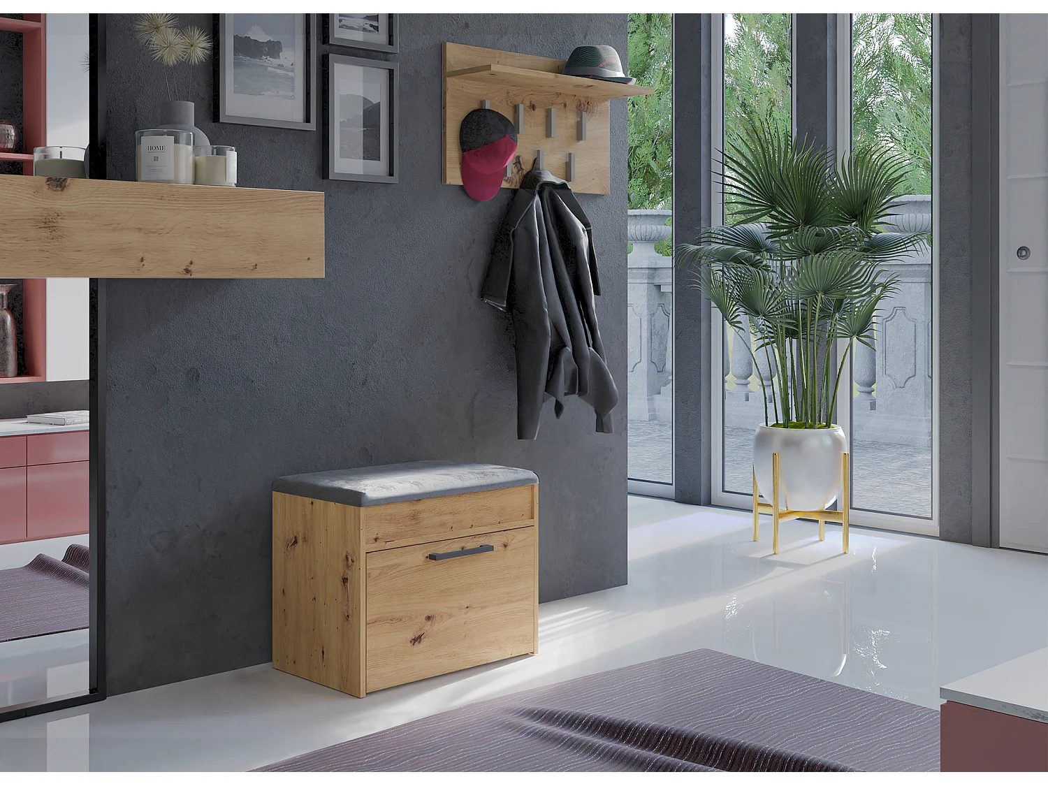 Scarpiera con panca 60x49x35 cm rovere naturale SCAT7