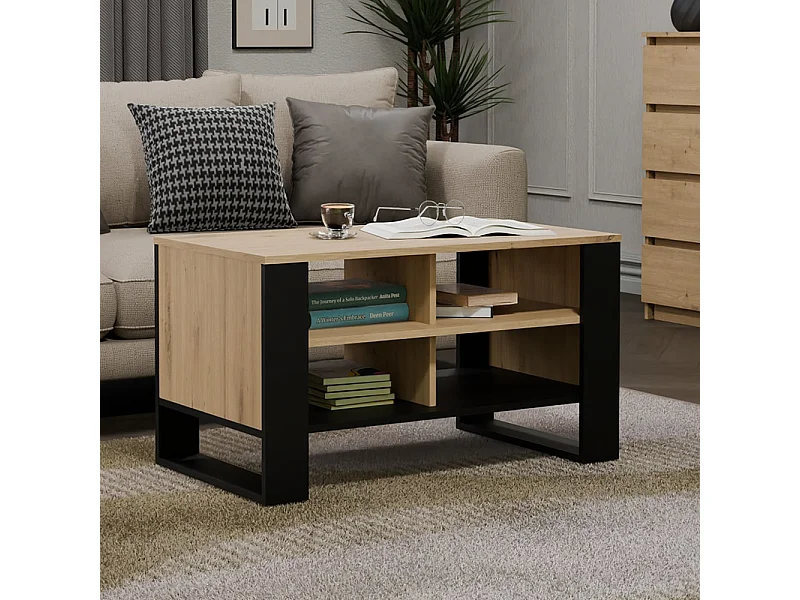 Tavolino da salotto 58x50x90 cm con 4 vani rovere e nero TST12