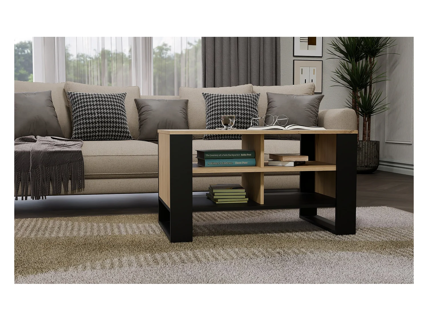 Tavolino da salotto 58x50x90 cm con 4 vani rovere e nero TST12