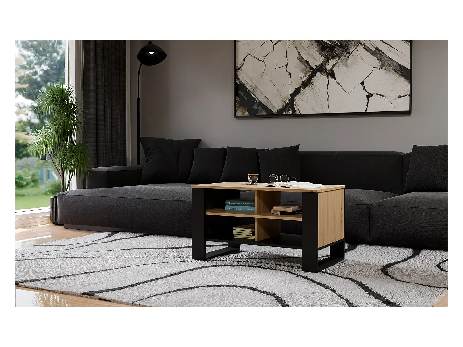 Tavolino da salotto 58x50x90 cm con 4 vani rovere e nero TST12