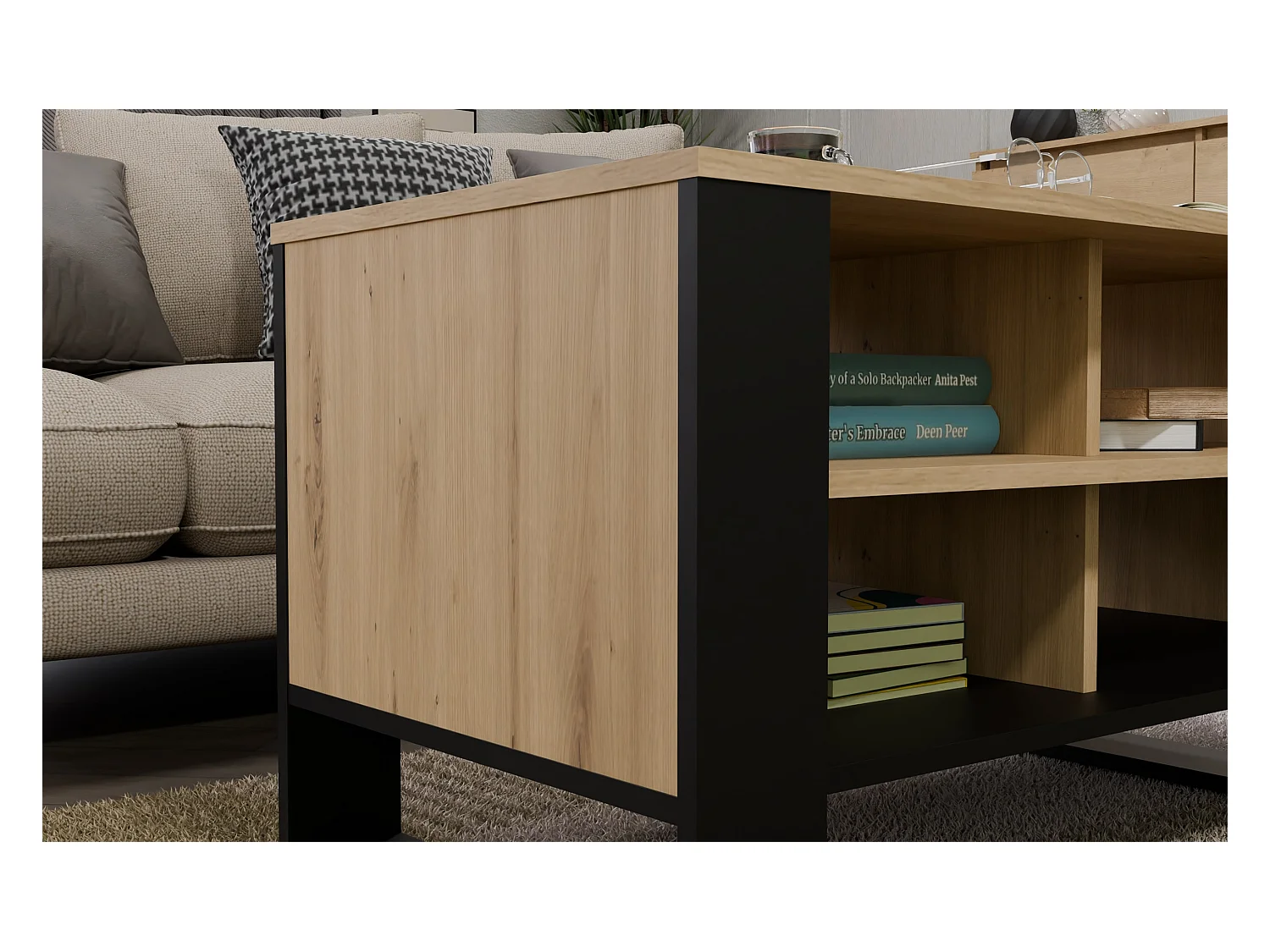 Tavolino da salotto 58x50x90 cm con 4 vani rovere e nero TST12